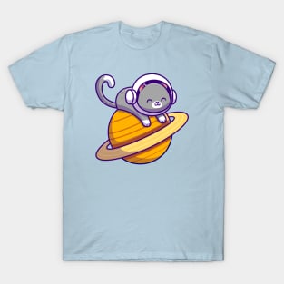 Cute Astronaut Cat Lying On Planet T-Shirt